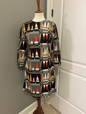 Sears Geometric Long Sleeve A-Line Dress in Black, Tan, Gray & Orange